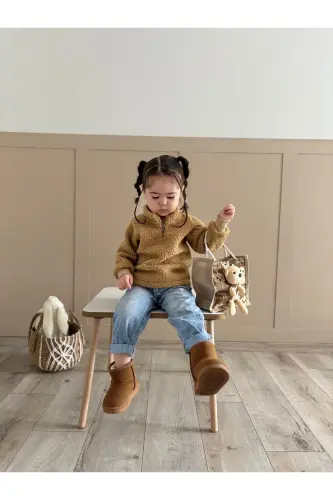 Unisex Fluffy Fermuarlı Bebek Çocuk Peluş Sweatshirt-Kahverengi - 1