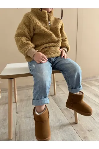 Unisex Fluffy Fermuarlı Bebek Çocuk Peluş Sweatshirt-Kahverengi - 2