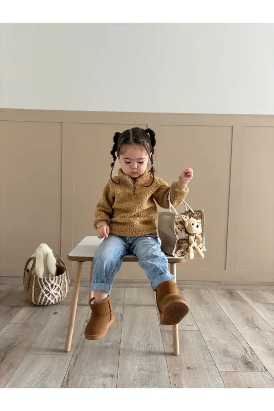 Unisex Fluffy Fermuarlı Bebek Çocuk Peluş Sweatshirt - Kahverengi - 1