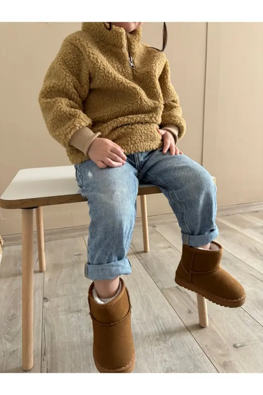 Unisex Fluffy Fermuarlı Bebek Çocuk Peluş Sweatshirt - Kahverengi - 2