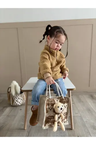 Unisex Fluffy Fermuarlı Bebek Çocuk Peluş Sweatshirt - Kahverengi - 3