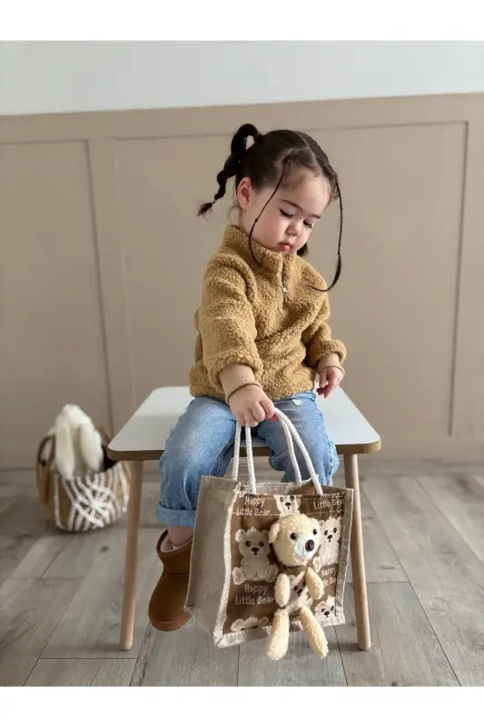 Unisex Fluffy Fermuarlı Bebek Çocuk Peluş Sweatshirt - Kahverengi - 3