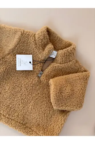 Unisex Fluffy Fermuarlı Bebek Çocuk Peluş Sweatshirt - Kahverengi - 6