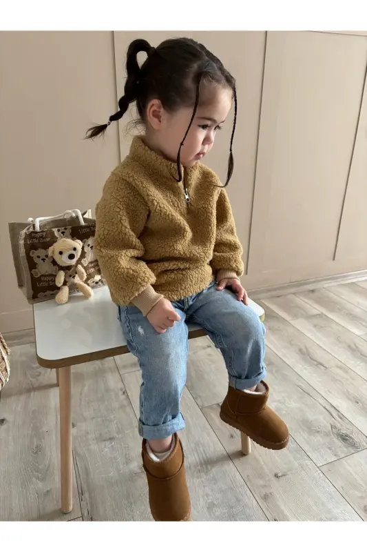 Unisex Fluffy Fermuarlı Bebek Çocuk Peluş Sweatshirt-Kahverengi - 4