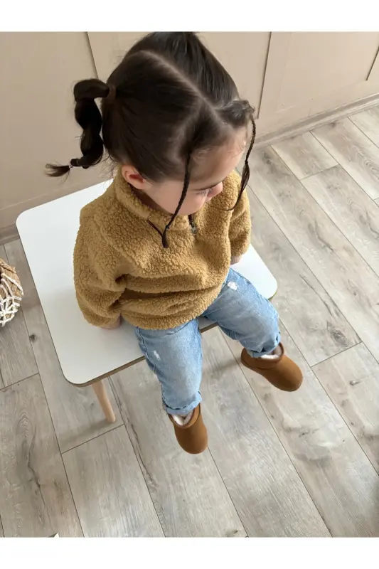 Unisex Fluffy Fermuarlı Bebek Çocuk Peluş Sweatshirt-Kahverengi - 5