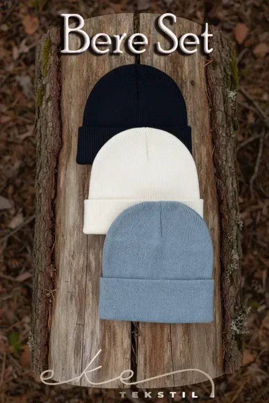 Unisex Foldable Beanie Baby Blue White Navy Blue 3-Piece Beanie Set-babyblue - EKE TEKSTIL