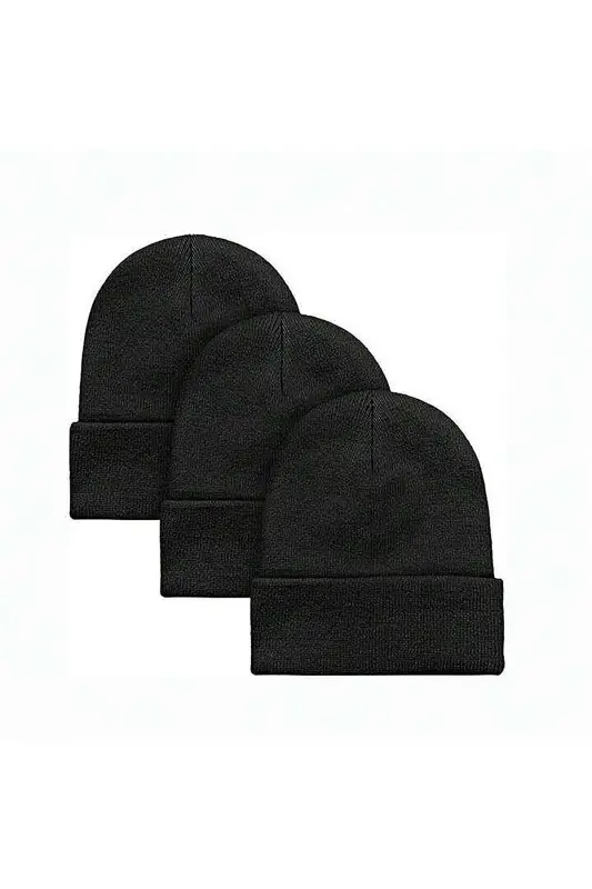 Unisex Foldable Black 3-Piece Beanie Set - Black - 1
