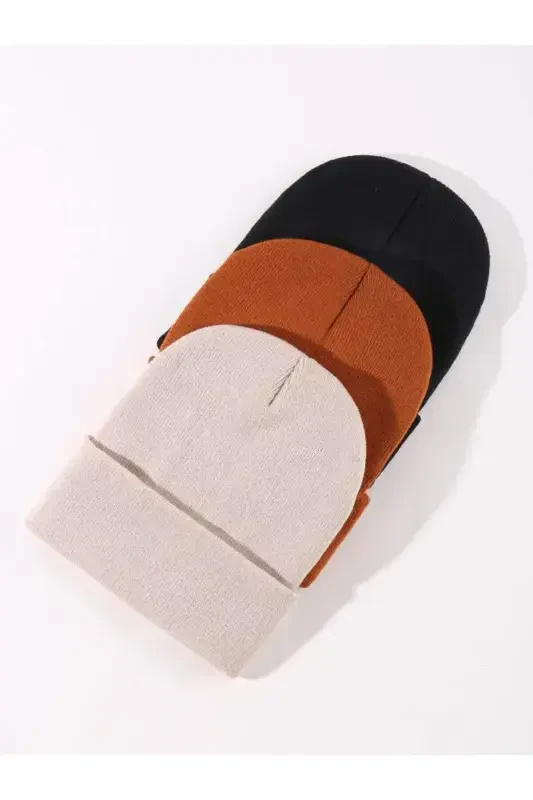 Unisex Foldable Black, Brick, Stone 3-Piece Beanie Set-Black - 2