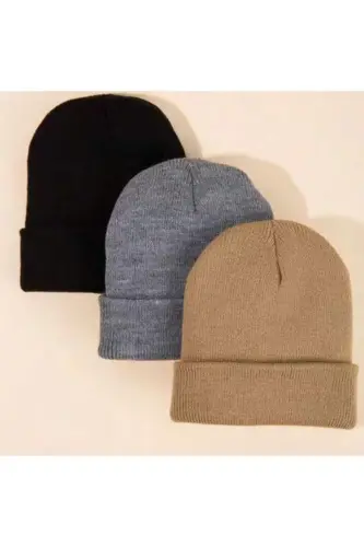 Unisex Foldable Black, Gray, Stone 3-Piece Beanie Set-Black 