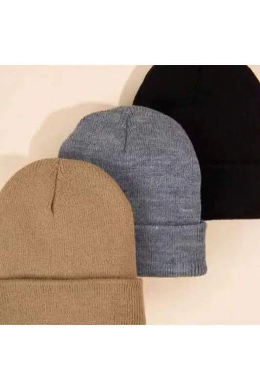 Unisex Foldable Black, Gray, Stone 3-Piece Beanie Set-Black - 2