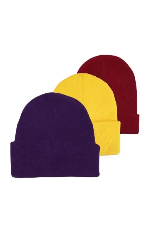 Unisex Foldable Black, Light Mink, Stone 3-Piece Beanie Set-Purple - EKE TEKSTIL