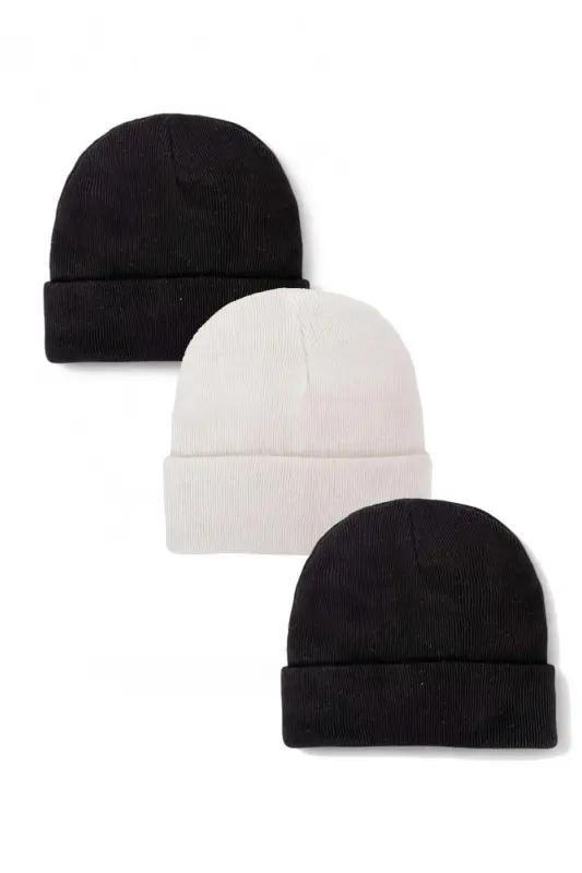 Unisex Foldable Black, White And Black 3-Piece Beanie Set - Black - 1
