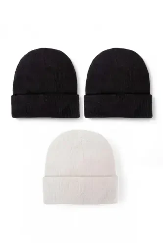 Unisex Foldable Black, White And Black 3-Piece Beanie Set - Black - EKE TEKSTIL (1)