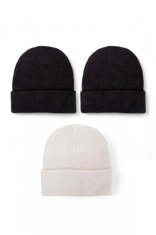 Unisex Foldable Black, White And Black 3-Piece Beanie Set - Black - 2