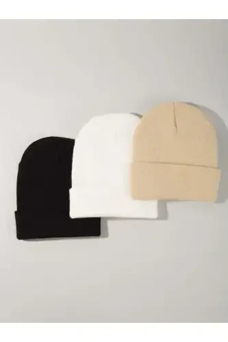 Unisex Foldable Black, White, Beige 3-Piece Beanie Set - Black - 2