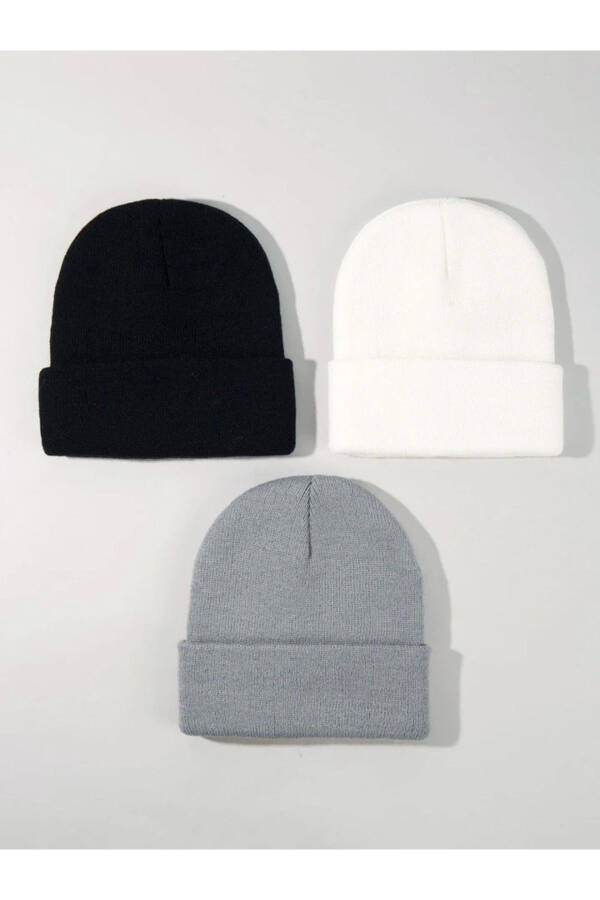 Unisex Foldable Black, White, Gray 3-Pack Beanie Set - 3