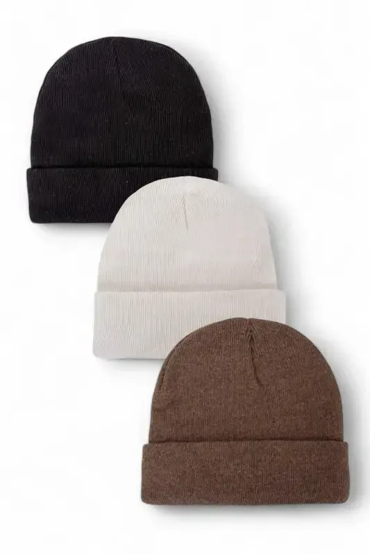 Unisex Foldable Black, White, Gray 3-piece Beanie Set - Black - EKE TEKSTIL