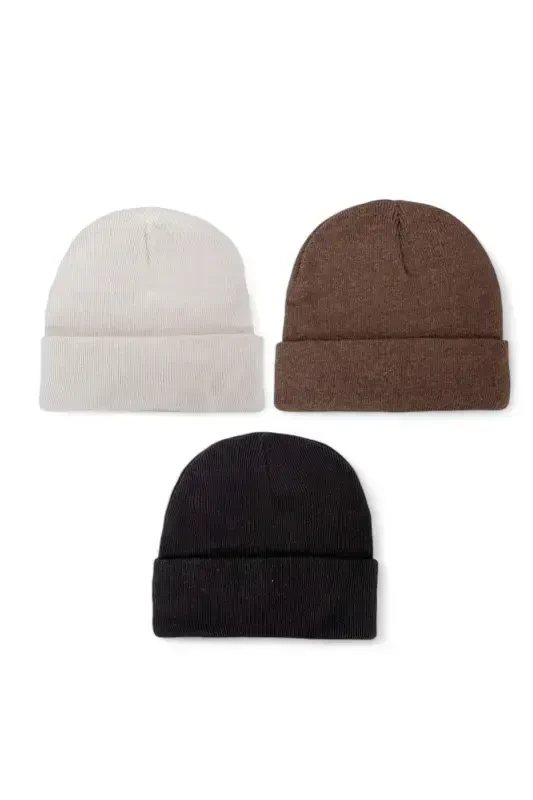 Unisex Foldable Black, White, Gray 3-piece Beanie Set - Black - 4