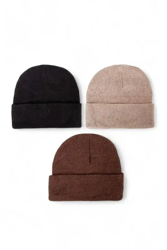 Unisex Foldable Black, White, Gray 3-Piece Beanie Set - Black - 2