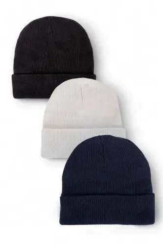 Unisex Foldable Black White Navy Blue 3-Piece Beanie Set-black 