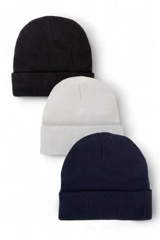 Unisex Foldable Black White Navy Blue 3-Piece Beanie Set-black - EKE TEKSTIL