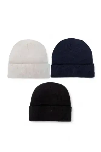 Unisex Foldable Black White Navy Blue 3-Piece Beanie Set-black - EKE TEKSTIL (1)