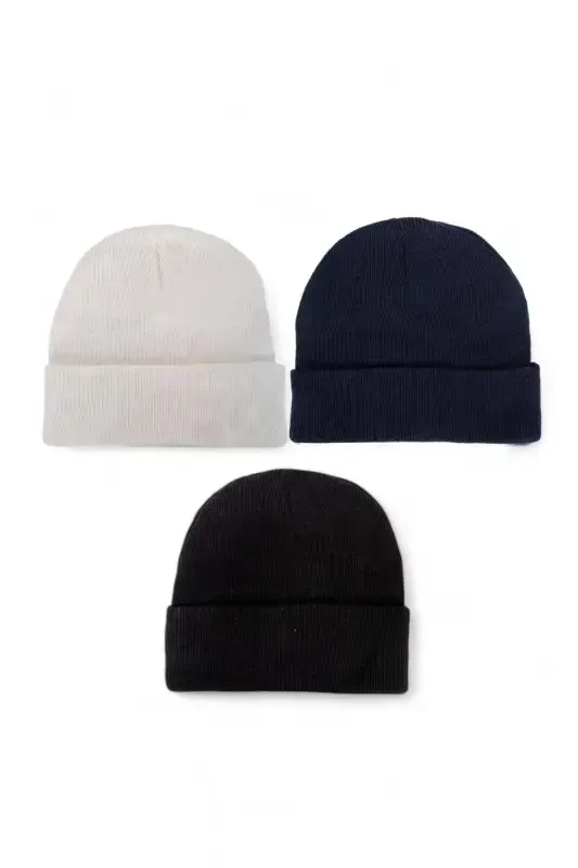 Unisex Foldable Black White Navy Blue 3-Piece Beanie Set-black - 2