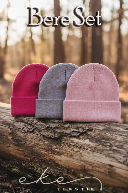 Unisex Foldable Fuchsia, Lilac, Pink 3-piece Beanie Set-Fuchsia - 3