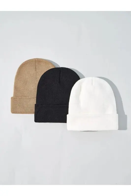 Unisex Foldable Mink, black, white 3-Piece Beanie Set-Mink - EKE TEKSTIL