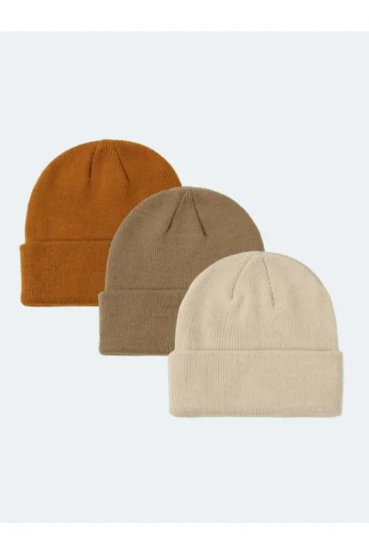 Unisex Foldable Mustard, Mink, Stone Set of 3 Beanies - Mustard - EKE TEKSTIL