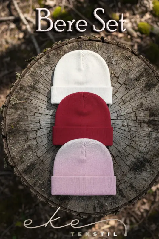 Unisex Foldable Red, Pink, White 3-Piece Beanie Set-Red - EKE TEKSTIL