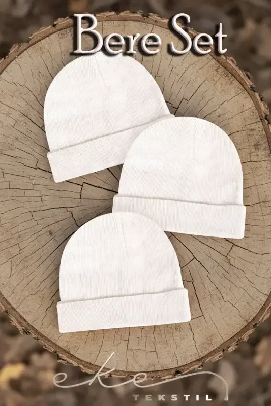 Unisex Foldable White, White and White 3-Piece Beanie Set-White - EKE TEKSTIL
