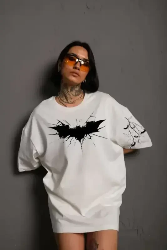 Unisex Front and Sleeve Printed Oversize T-shirt - White - 1