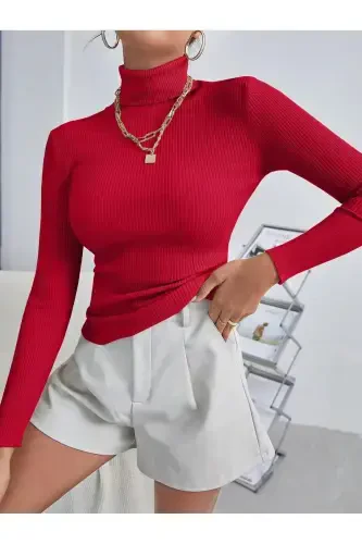 Unisex Füme Ateş Kırmızı Pamuklu Balıkçı Yaka Likralı Kaşkorse Şardonlu Slimfit Boğazlı Kazak-kırmızı - GENEL MARKALAR (1)