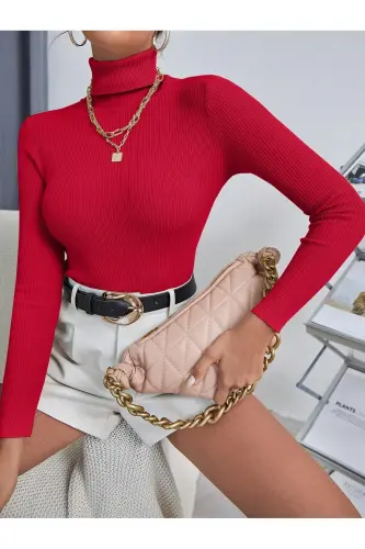 Unisex Füme Ateş Kırmızı Pamuklu Balıkçı Yaka Likralı Kaşkorse Şardonlu Slimfit Boğazlı Kazak - kırmızı 