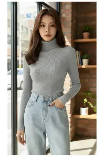 Unisex Füme Gri Pamuklu Balıkçı Yaka Şardonlu Slimfit Boğazlı Kazak-FÜME GRİ - 1