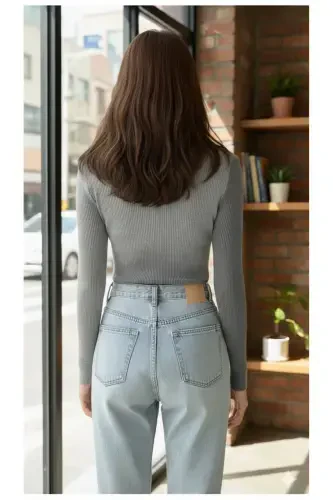 Unisex Füme Gri Pamuklu Balıkçı Yaka Şardonlu Slimfit Boğazlı Kazak-FÜME GRİ - GENEL MARKALAR (1)