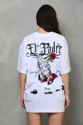 Unisex Футболка оверсайз с круглым вырезом и принтом - Белая - BÜYÜKBEDENIZ (1)