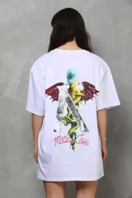 Unisex Футболка оверсайз с круглым вырезом и принтом - Белая - 3