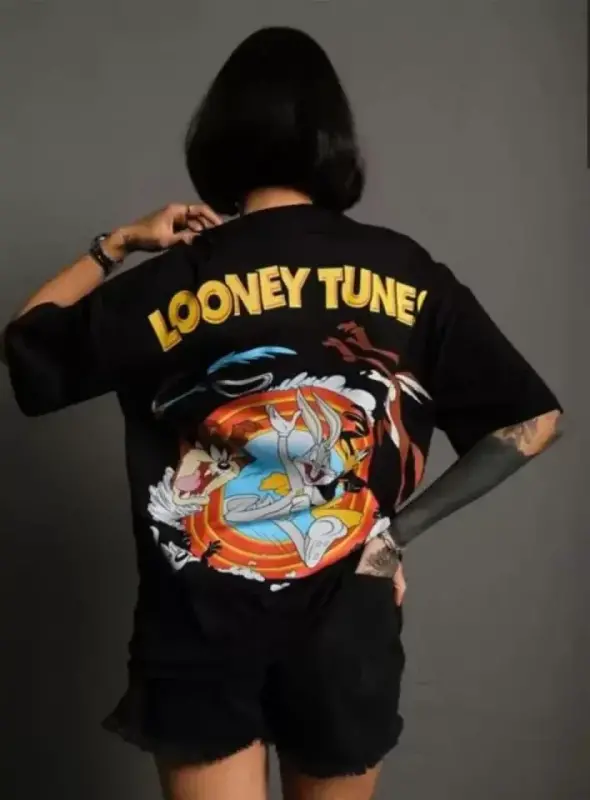 Unisex Футболка оверсайз с круглым вырезом и принтом - Черный - 2