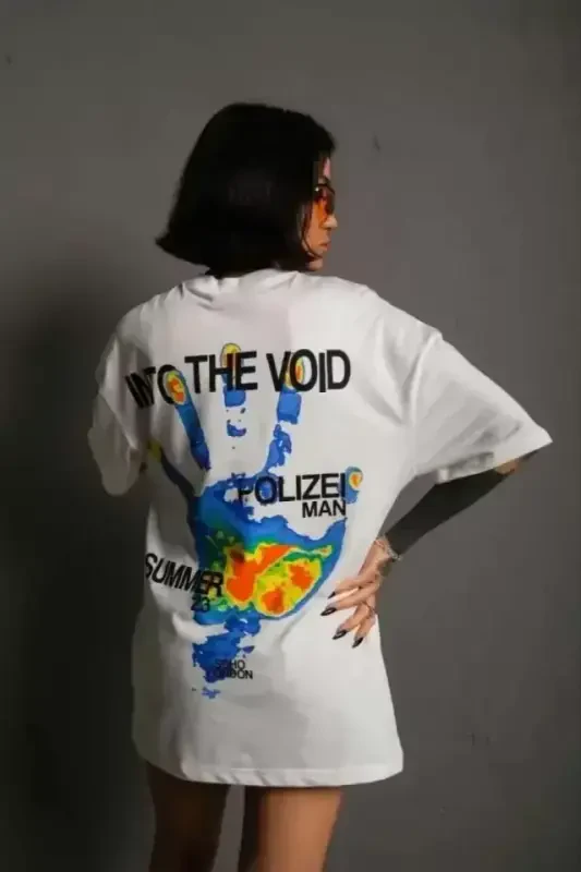 Unisex Футболка оверсайз с принтом и круглым вырезом - Белая - 2