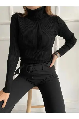 Unisex Gece Siyahı Pamuklu Balıkçı Yaka Şardonlu Slimfit Boğazlı Kazak - Gece Siyahı - 2