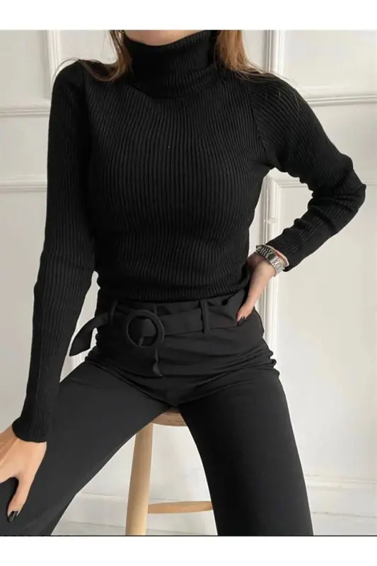 Unisex Gece Siyahı Pamuklu Balıkçı Yaka Şardonlu Slimfit Boğazlı Kazak - Gece Siyahı - 2