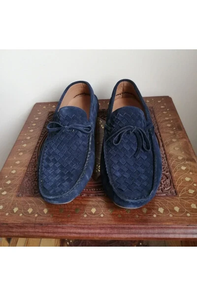 Unisex Genuine Leather Suede Navy Blue Hand Knit Plain Combo - İNCI