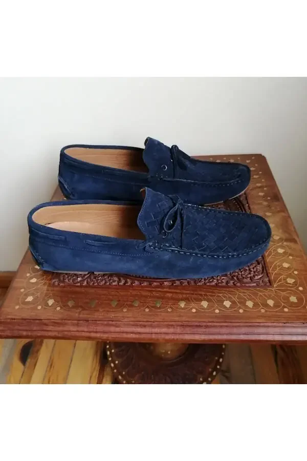 Unisex Genuine Leather Suede Navy Blue Hand Knit Plain Combo - 2