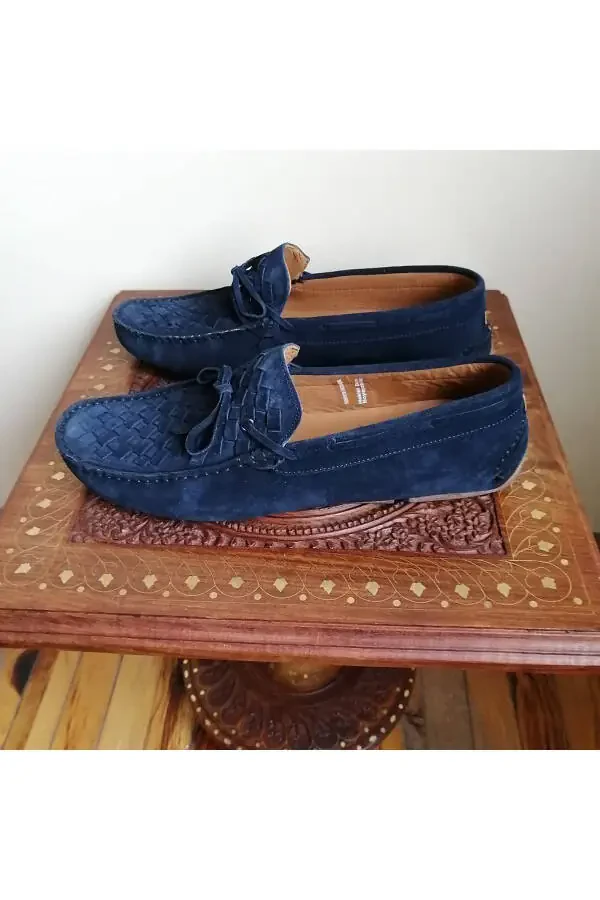 Unisex Genuine Leather Suede Navy Blue Hand Knit Plain Combo - 3