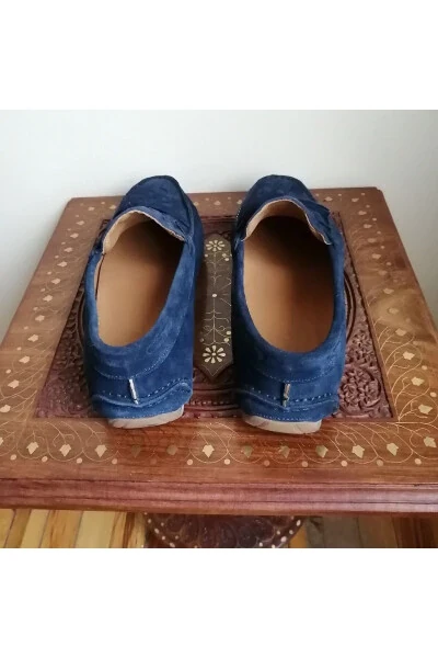 Unisex Genuine Leather Suede Navy Blue Hand Knit Plain Combo - 4