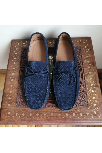 Unisex Genuine Leather Suede Navy Blue Hand Knit Plain Combo - 5