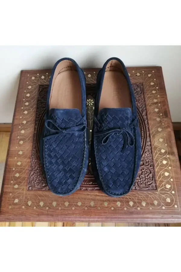 Unisex Genuine Leather Suede Navy Blue Hand Knit Plain Combo - 5