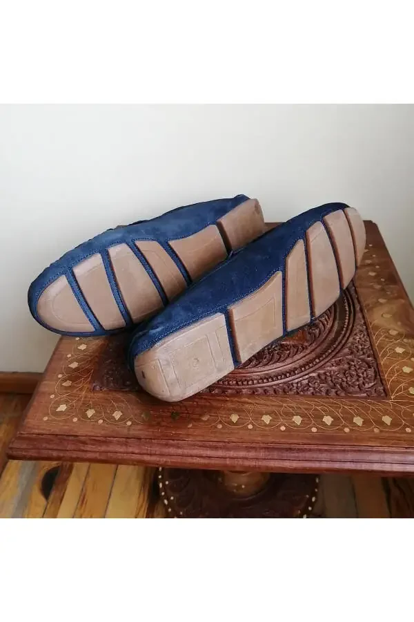 Unisex Genuine Leather Suede Navy Blue Hand Knit Plain Combo - 6